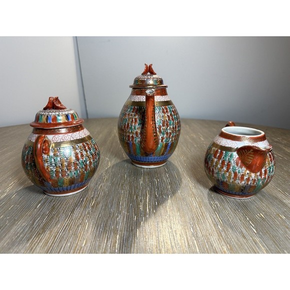 Antique Thousand Faces Kutani Hand-Painted Japanese Teapot, Sugar & Creamer Set - Picture 9 of 12